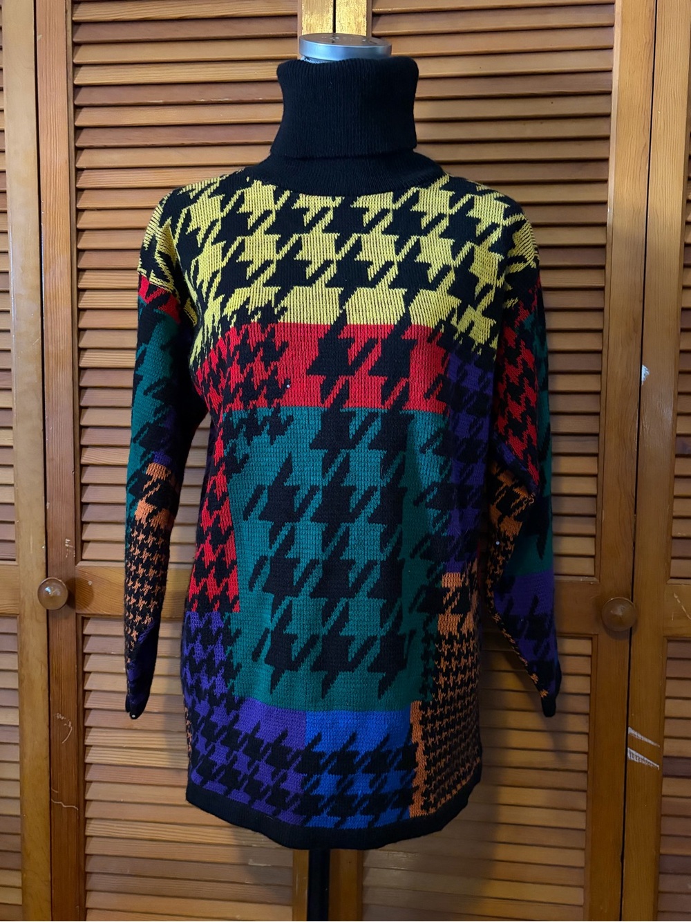 Vintage 80s Colorblock Rainbow Houndstooth Turtleneck Tunic Sweater